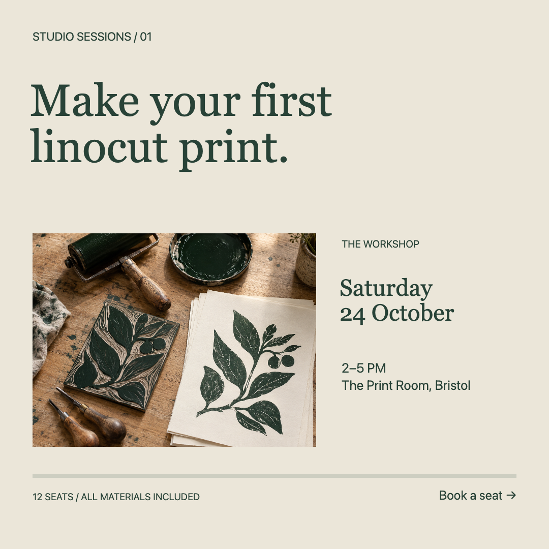 Studio Sessions linocut printmaking workshop invitation with warm photographic artwork and forest green typography.