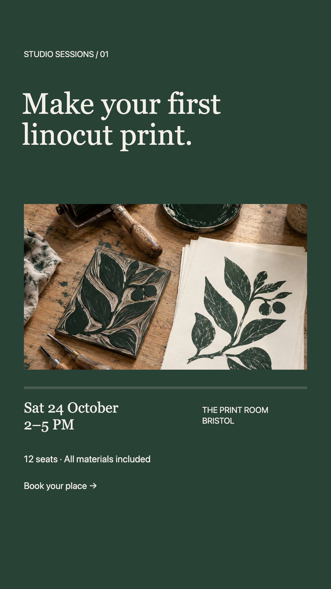 Studio Sessions linocut printmaking workshop invitation with warm photographic artwork and forest green typography. Vertical story layout.