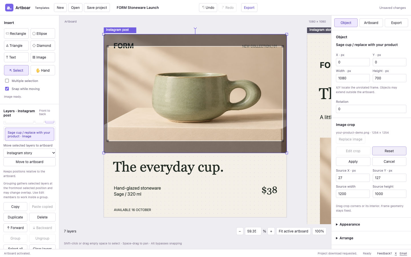 Actual Artboar crop controls adjusting the cup photograph inside the FORM post's full-width frame.