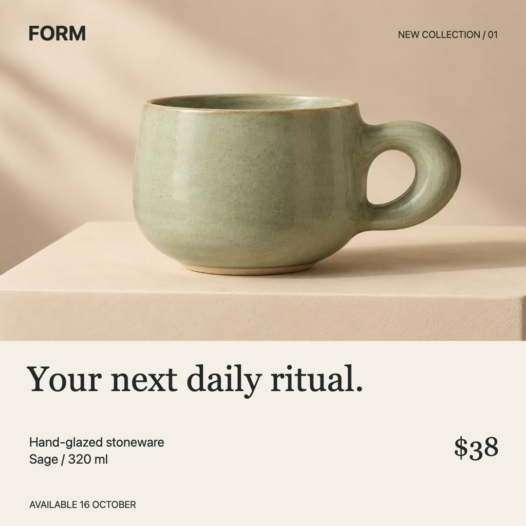 Actual PNG export of the FORM post demonstration with an adjusted product crop and Your next daily ritual headline.