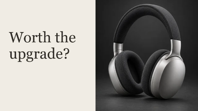 After: a small thumbnail with a short dark Worth the upgrade headline on a light background and a closer headphone crop.