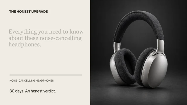 Before: a small thumbnail with a lengthy low-contrast headline and a loosely framed headphone photograph.