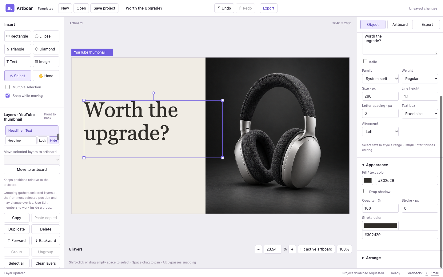 Actual Artboar editor with the thumbnail Headline selected and the shorter Worth the upgrade wording in Content.