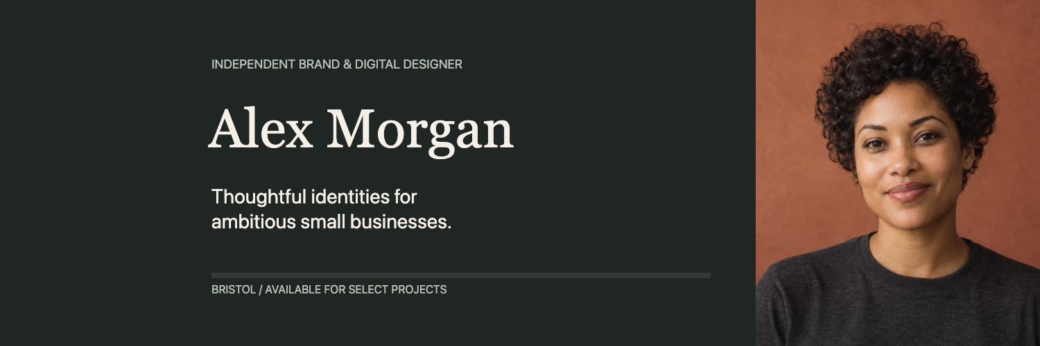 Alex Morgan designer profile with an editorial portrait and a concise introduction on an ink background.