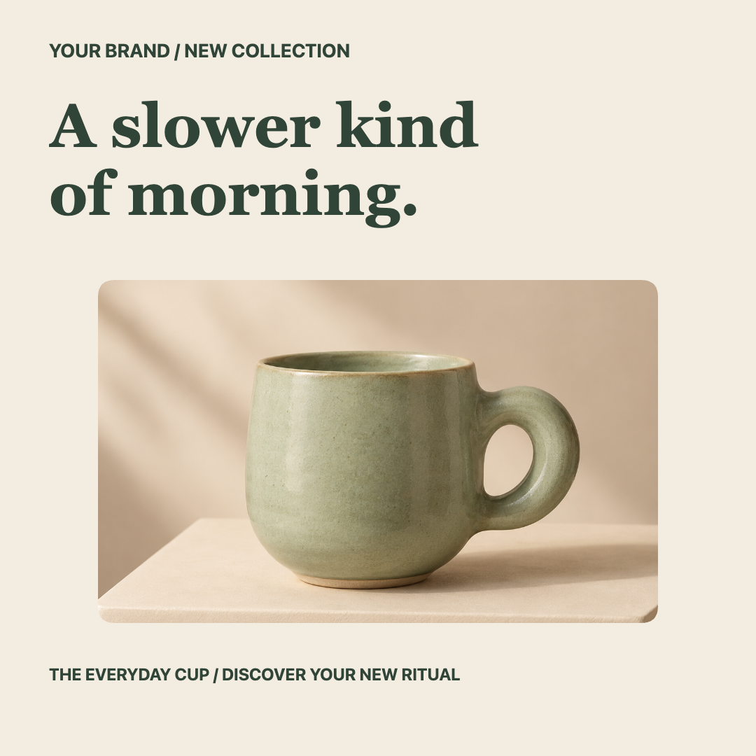 Morning Ritual Launch Instagram post with a sage ceramic cup photograph in a rounded frame and a forest green lifestyle headline.