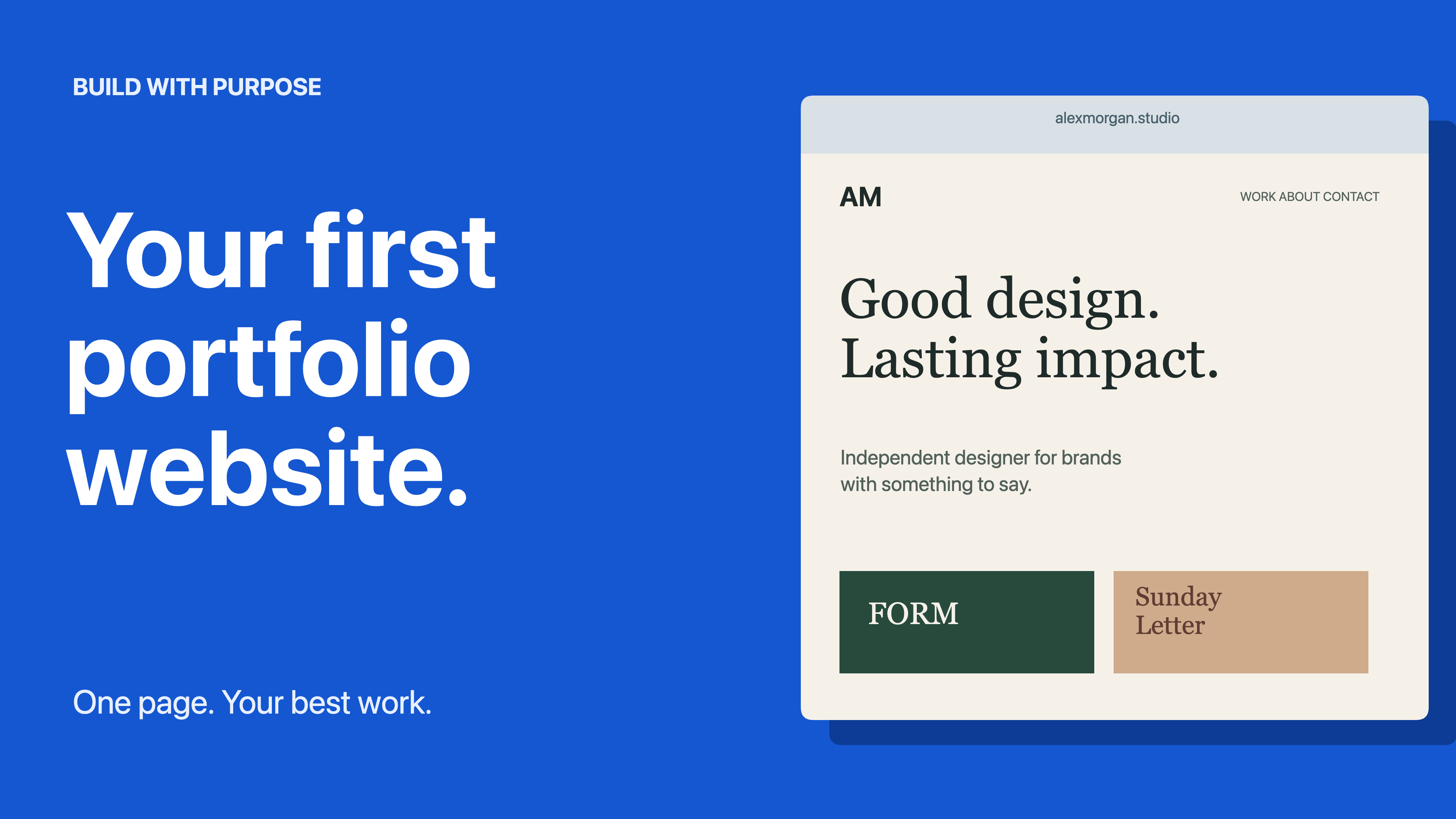 Portfolio website tutorial with a bold blue headline and a detailed editable website example.