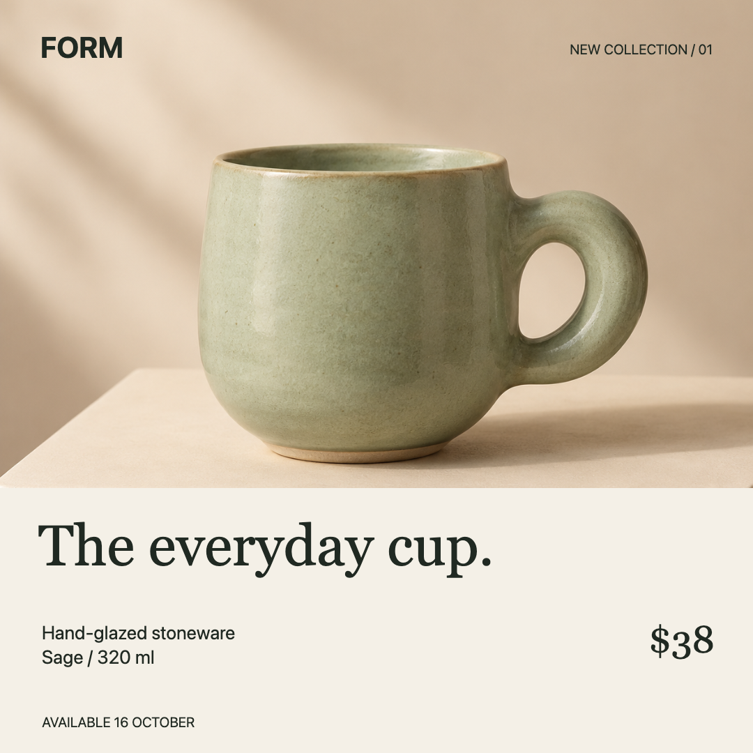 FORM ceramic cup campaign with a sage stoneware cup photograph, cream background and refined serif headline.
