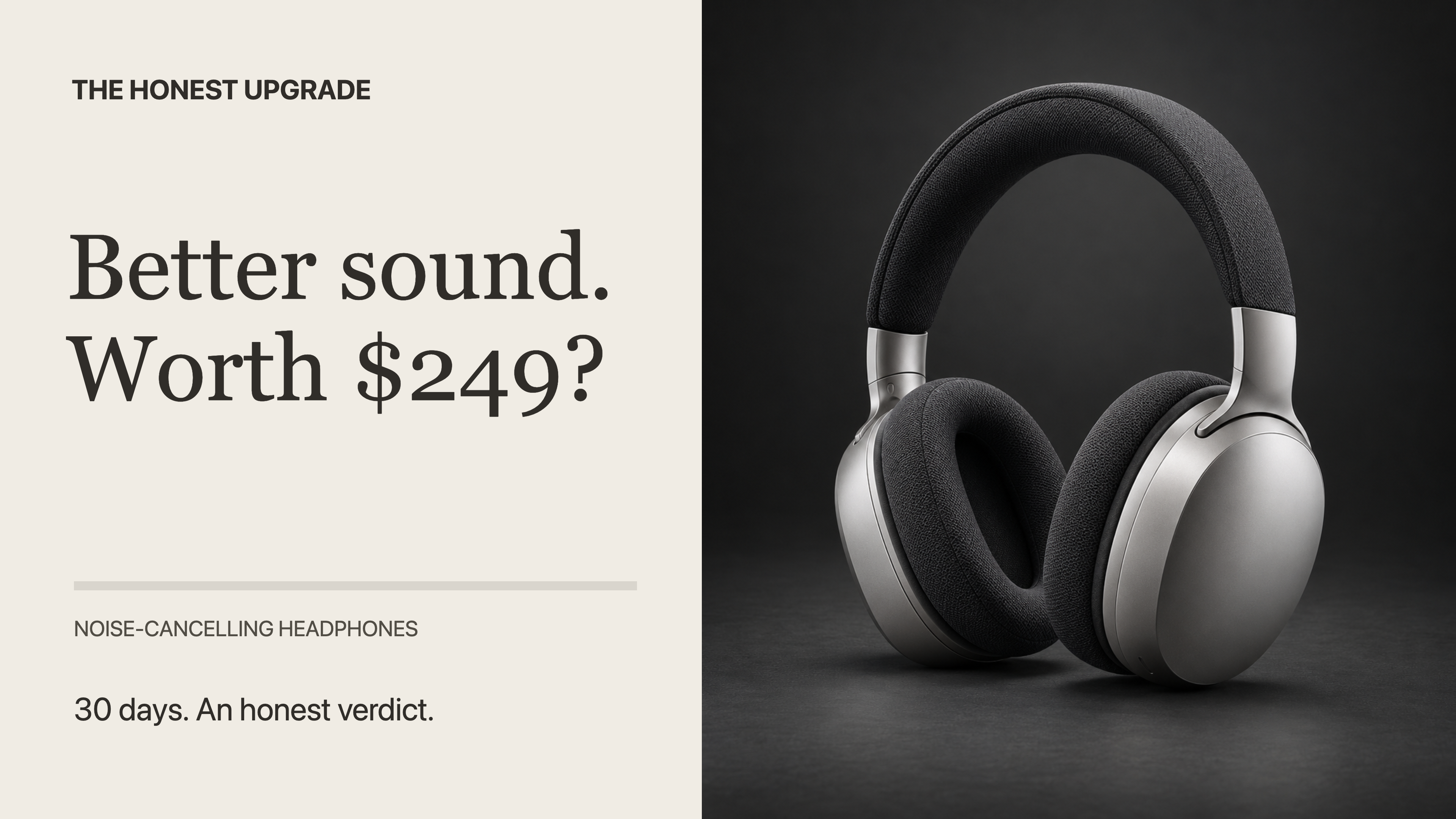 A headphone review thumbnail with a premium silver headphone photograph and a concrete upgrade question.