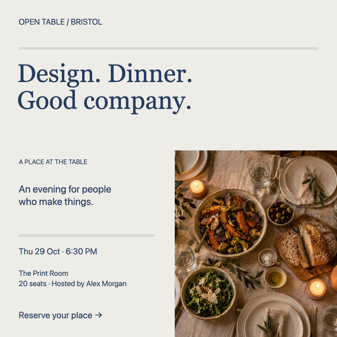 Open Table creative community dinner program with blue editorial typography and a warm communal dinner photograph.