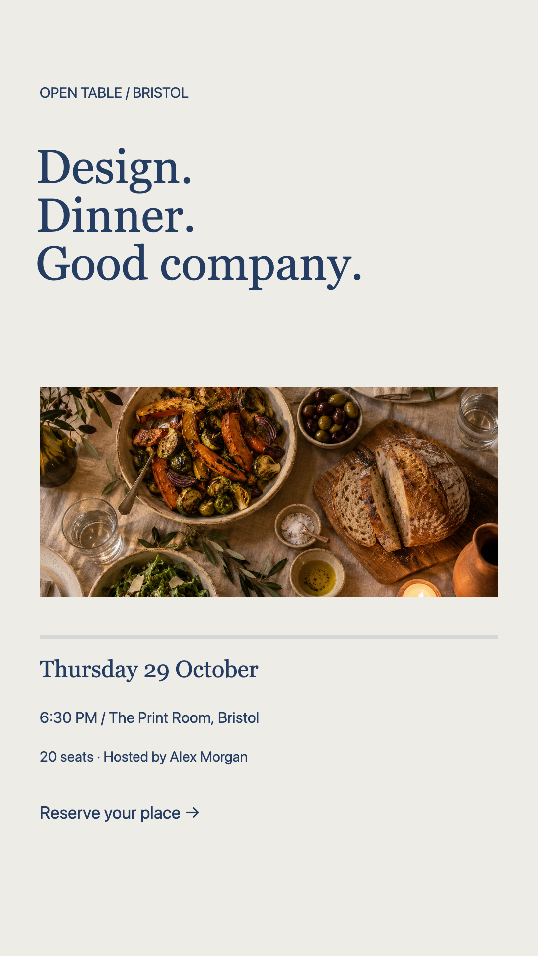 Open Table creative community dinner program with blue editorial typography and a warm communal dinner photograph. Vertical story layout.