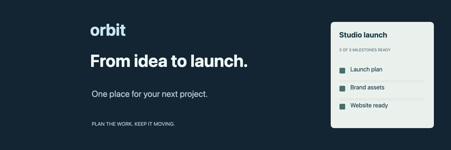 Orbit project planning header with an editable launch checklist and an ice blue product promise.