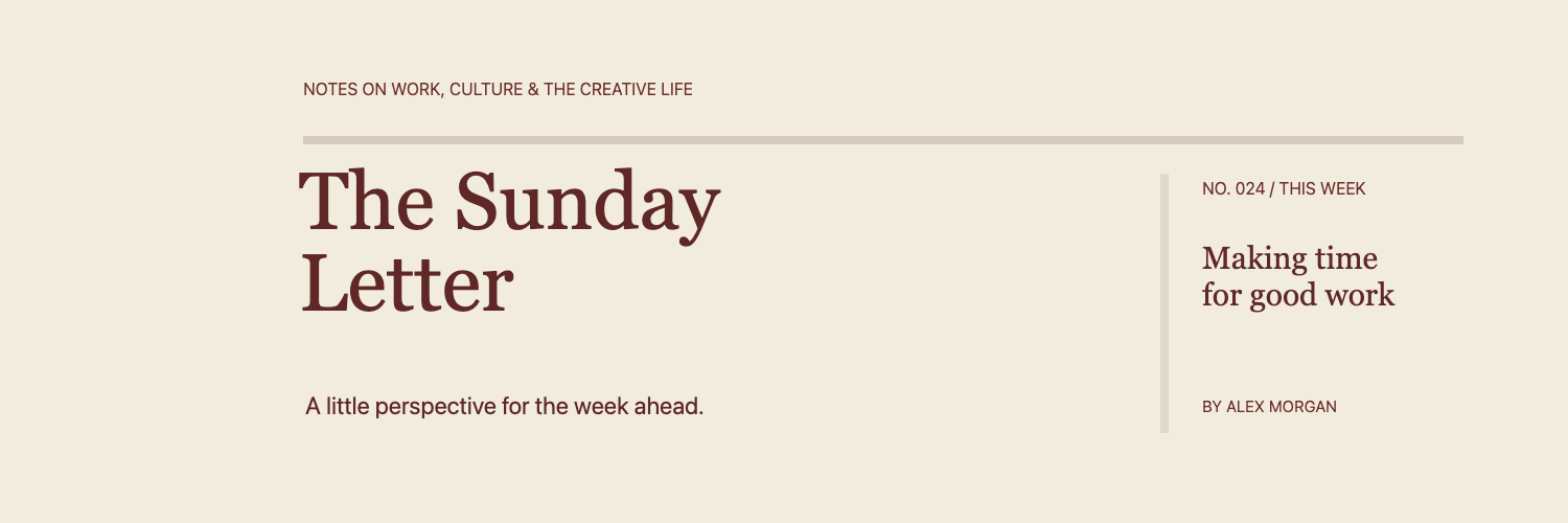 The Sunday Letter masthead with oxblood serif typography, fine rules and this week’s editorial contents.