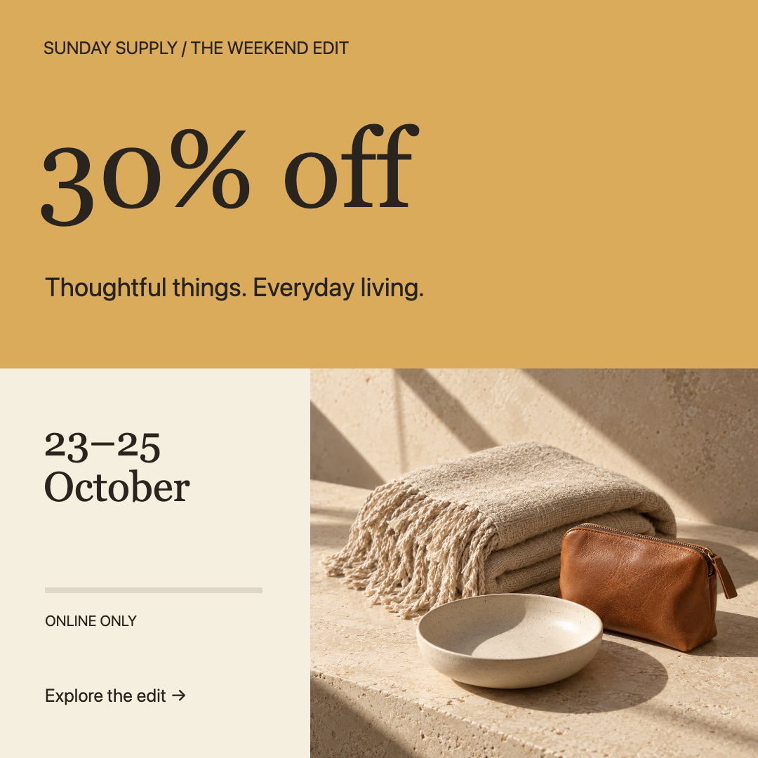 Sunday Supply homewares sale with a linen and accessories photograph and a clear thirty percent offer in ochre and cream.